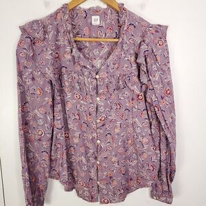 Gap Top Womens S Ruffle Collar Feminine Button Front Colorful All Over Floral